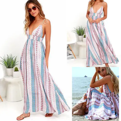Для женщин Лето Boho платье 2018 Новое Geometrc без рукавов с v образным вырезом длиной