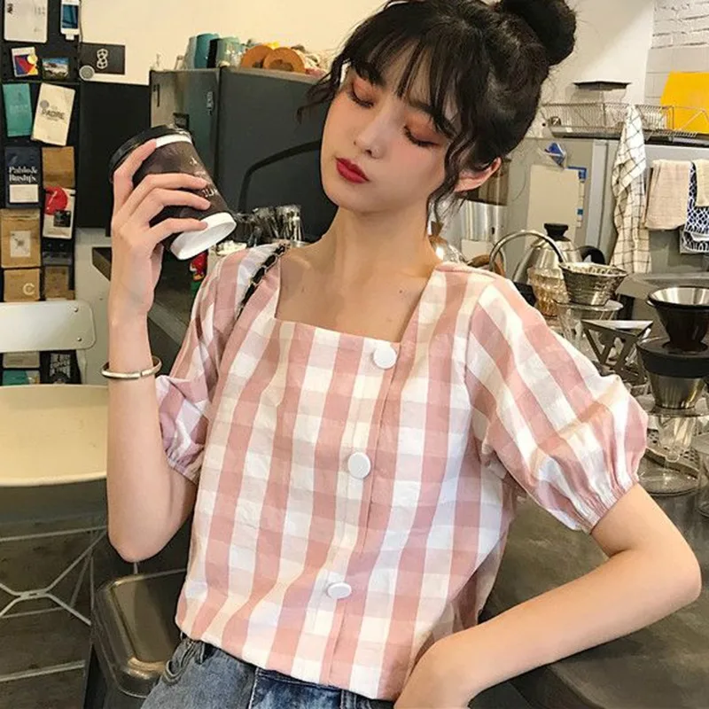 

Women's Simple Loose Square Collar Short Sleeve Plaid Print Buttons Basic Blouse