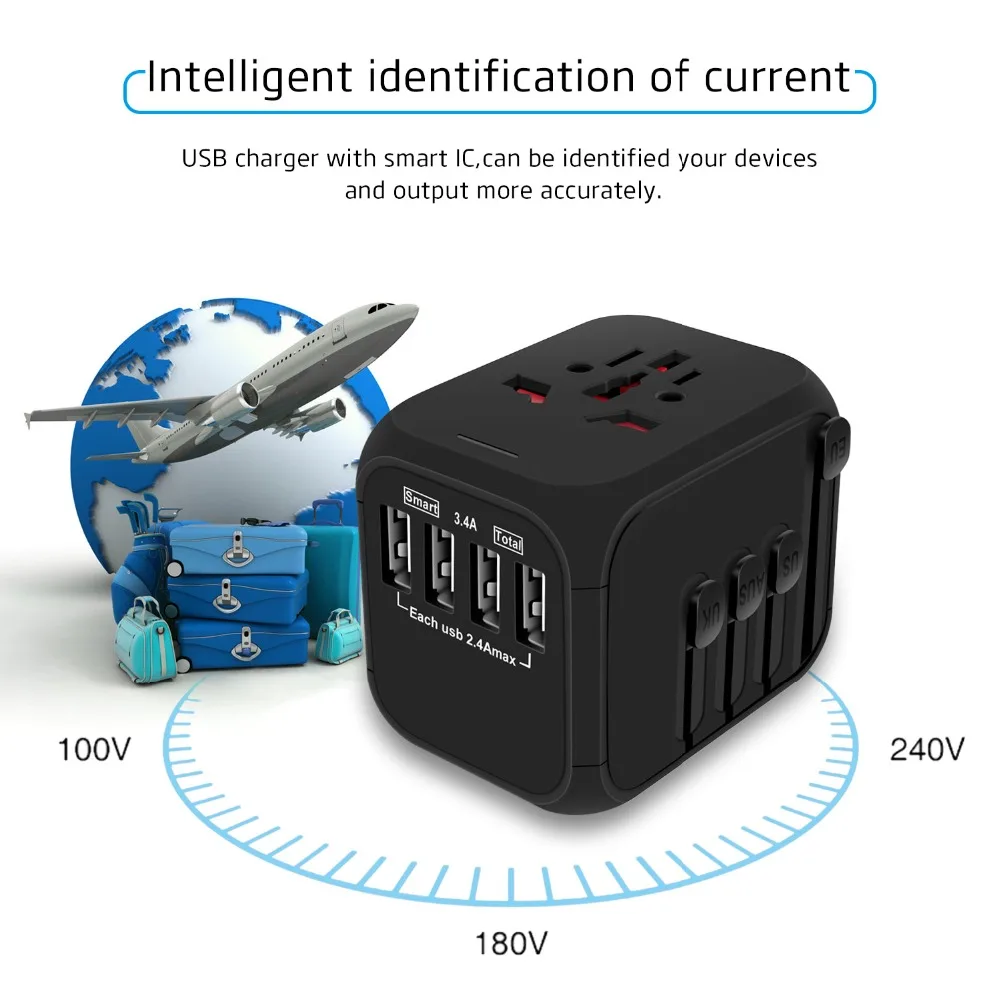 MAXAH Plug Универсальный адаптер для путешествий с 4 usb-портами Универсальный адаптер для путешествий с 2.4A USB зарядными портами для ЕС, США, Великобритании, Австралии