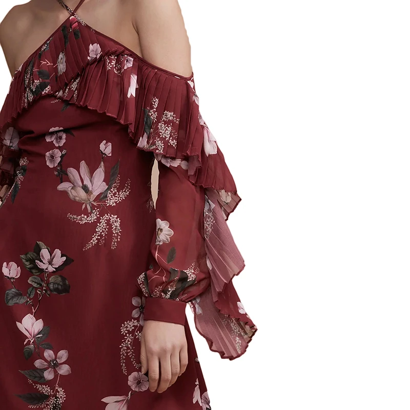 IRISIE Women Sexy Frills Patchwork Floral Print Off Shoulder Halter Mini Dress Vintage Long Sleeve Red A Line | Женская одежда