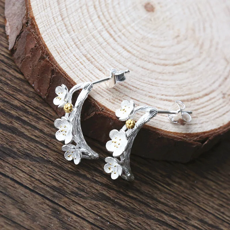 Висячие серьги гвоздики Sakura из стерлингового серебра 925 пробы с ветками деревьев