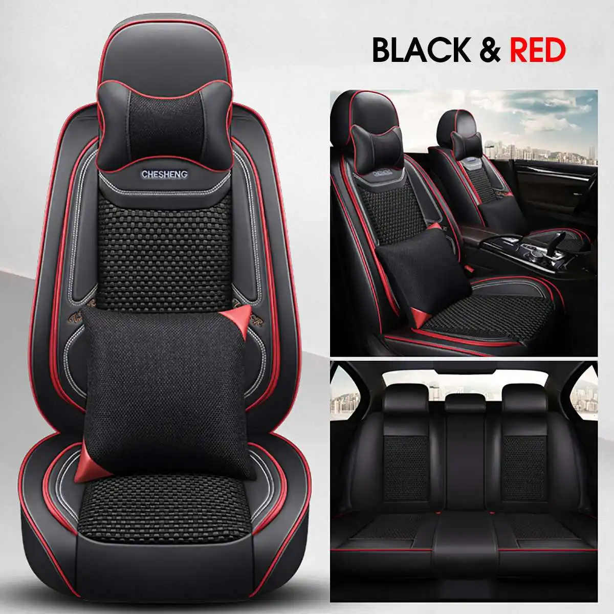 black-red Универсальный кожаный чехол для сиденья автомобиля летняя подушка для сиденья дышащий ледяной шелк гоночная Автомобильная подушка подголовники поясные подушки - Название цвета: black-red