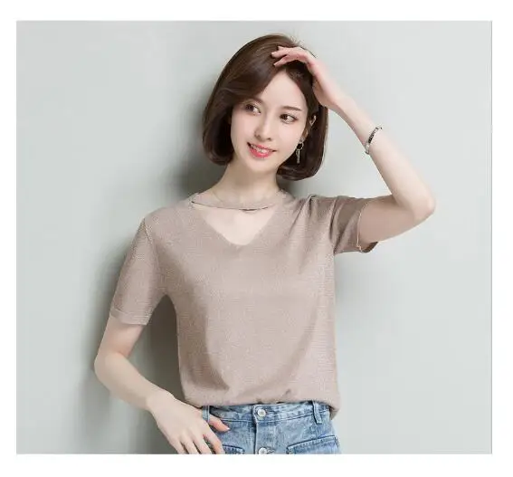 Повседневное модная однотонная Футболка regular Короткие рукава трикотажные женщин