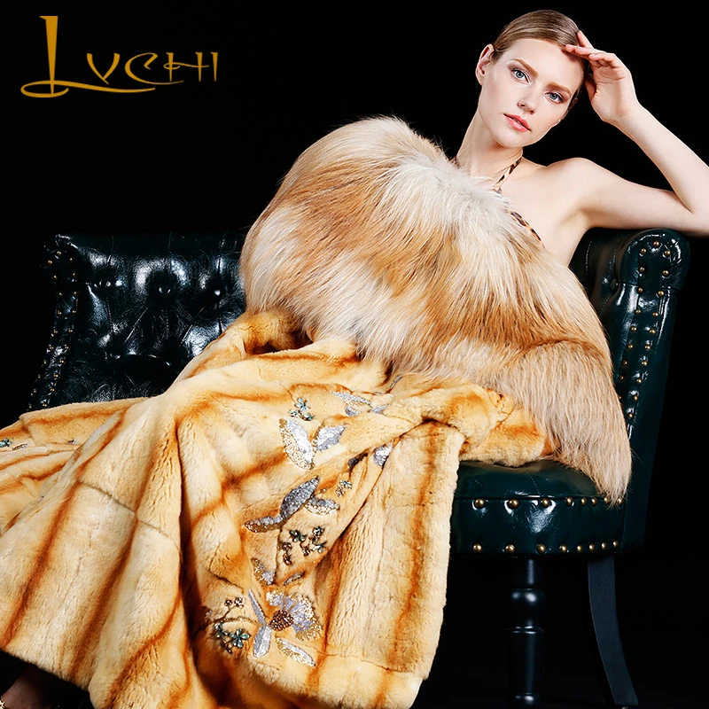 LVCHI 2019 Natural fur winter Long coat luxurious import Limited customization real mink Wild fox Collar Platinum grade fur coat