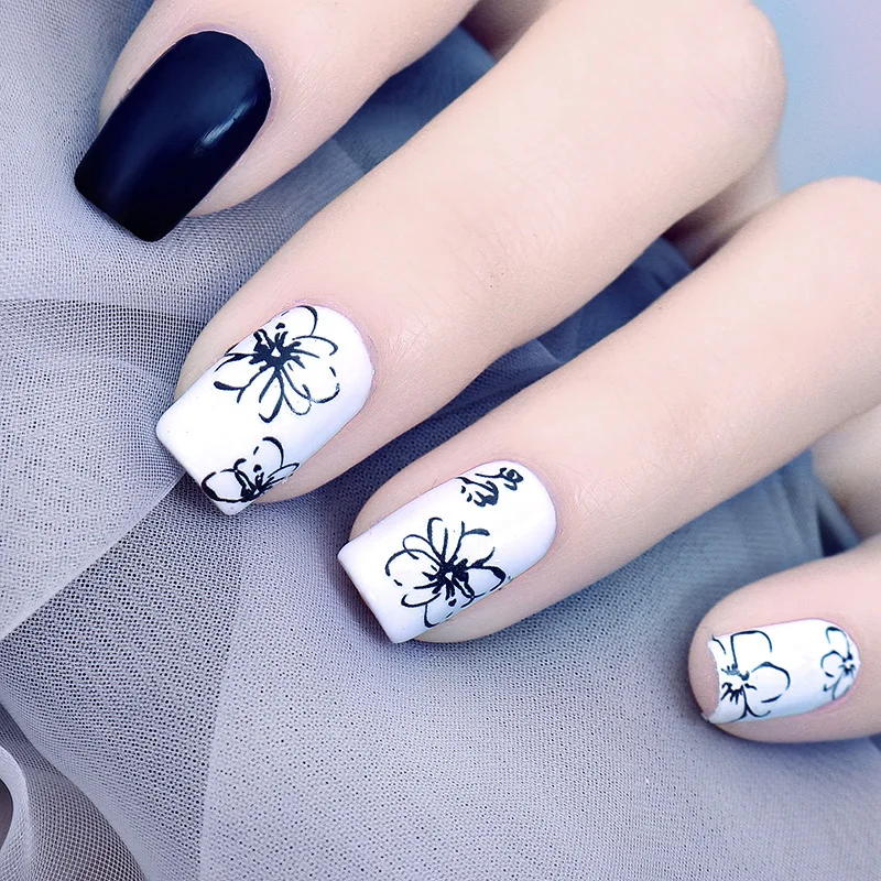 1 лист линии цветок воды Наклейка Черный Простой рисунок ногтей переводная