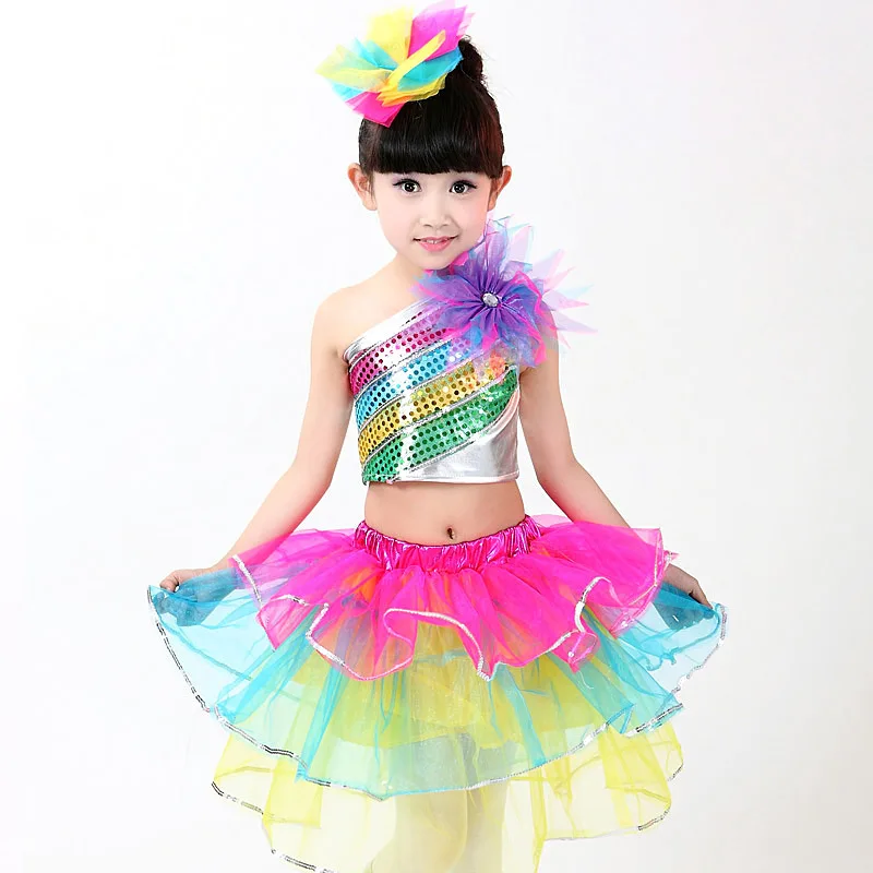 

Performance Stage Sequined Rainbow Color Flower Jazz Ballet Dance Tutu Dress Two Piece Girls Dancewear