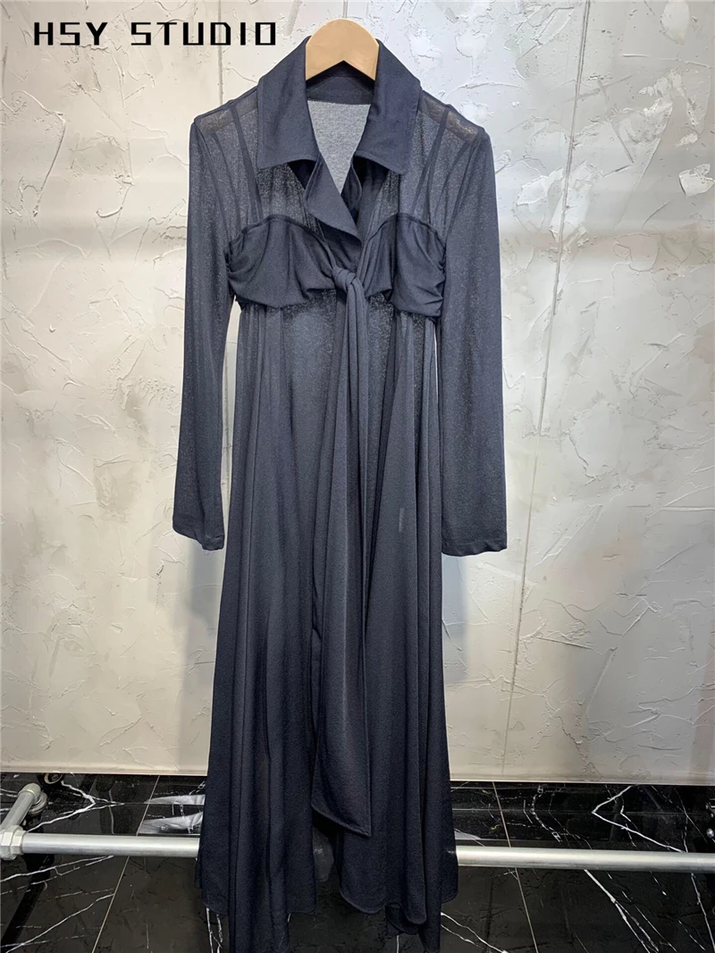 【HSY Studio】 2019 summer new fashion high waist trendy long sleeve sexy black women shirt maxi dress | Женская одежда