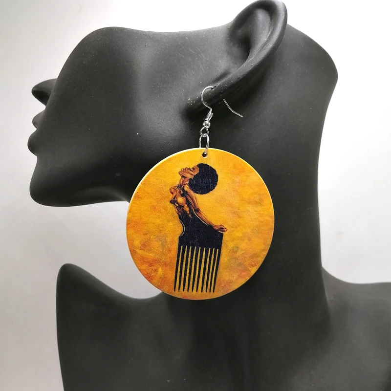 Деревянные серьги с принтом афро палочек|wooden earrings|afro pickafro pick earrings |