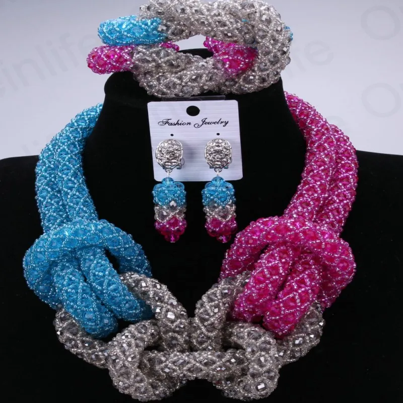 Blue Fuchsia Silver Owl Design African Beads Fashion Jewelry Set Crystals Nigerian Wedding Necklace And Earrings | Украшения и