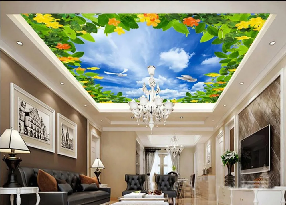 Пользовательские 3d потолочные обои Небесно свежие синие облака