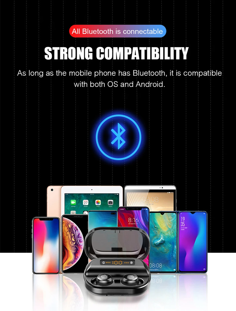TWS V12, Bluetooth наушники, беспроводная гарнитура, дисплей питания, сенсорное управление, стерео, водонепроницаемый, 4000 мА/ч, внешний аккумулятор, басовый наушник