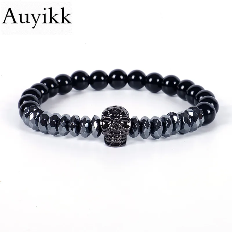 Auyikk 2018 Новый CZ Череп прелести браслет Мужчины Скелет натуральный камень матовое