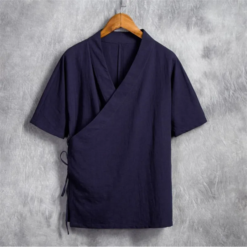 Мужская рубашка из хлопка и льна с коротким рукавом в китайском стиле|shirt classic|kung fu