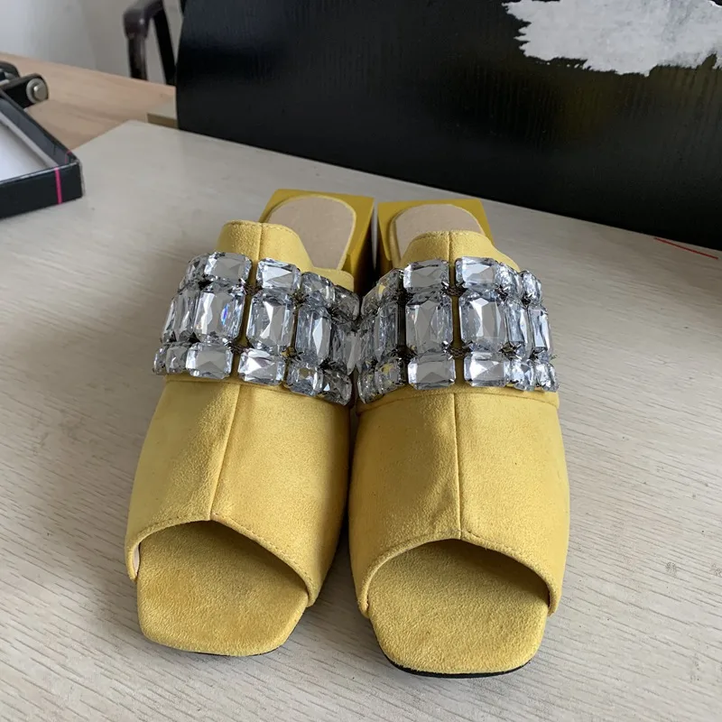 Billig REAVE KATZE Sommer Neue Chunky Platz High Heels Rutsche Hausschuhe Frau Kristall Maultiere Frauen Slip Auf Schuhe Extra Kristall Bling A1163