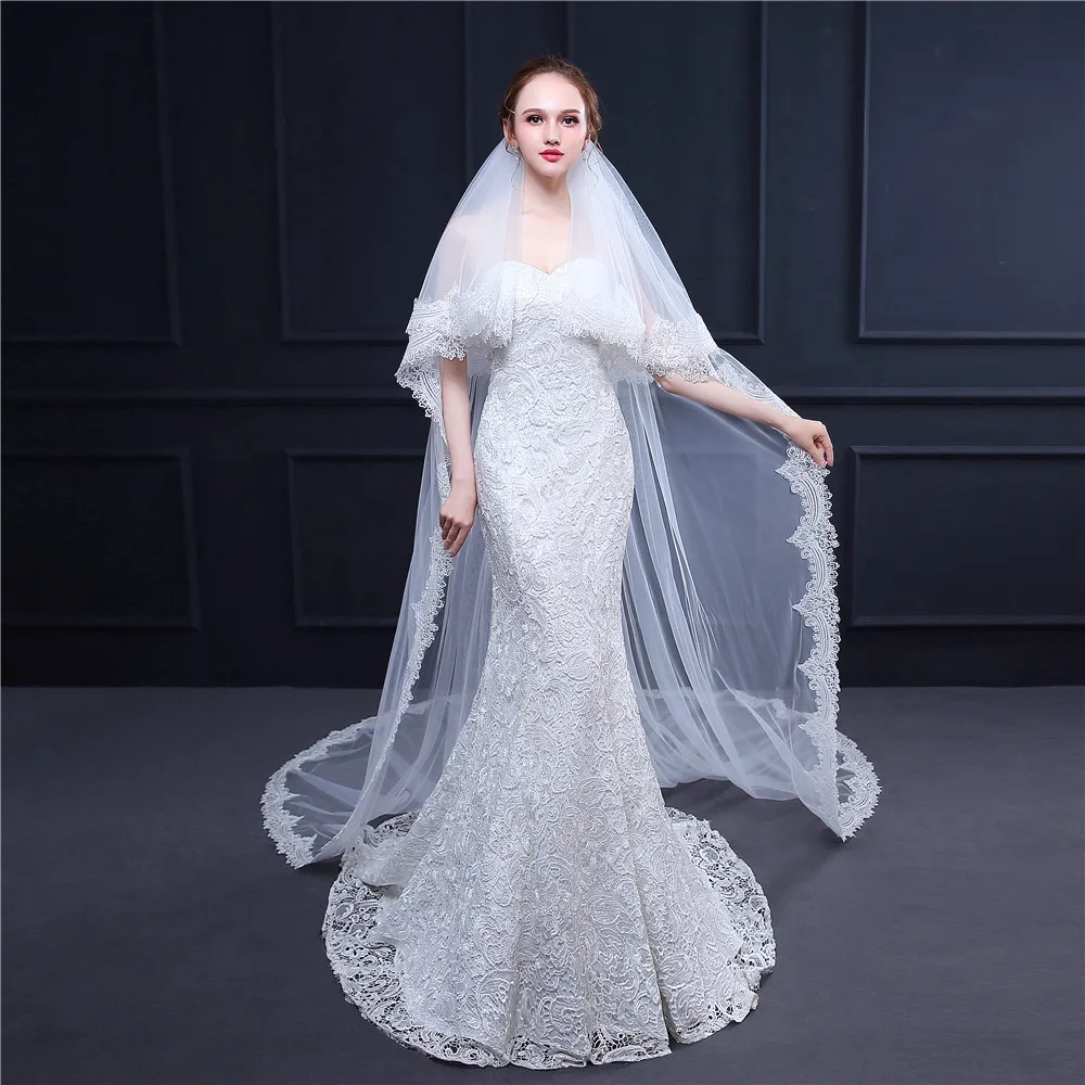 

2019 Real Photos 2 Layers Lace Cathedral Garden Wedding Veils with Comb Long Elegant White Ivory Bridal Veils with blusher