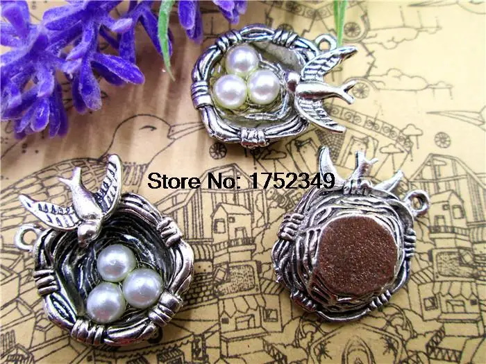 5pcs--Bird Nest Charms Silver Tone with 3 Pearl Like Beads Simply Stunning bird nest pendants 24x23mm | Украшения и аксессуары