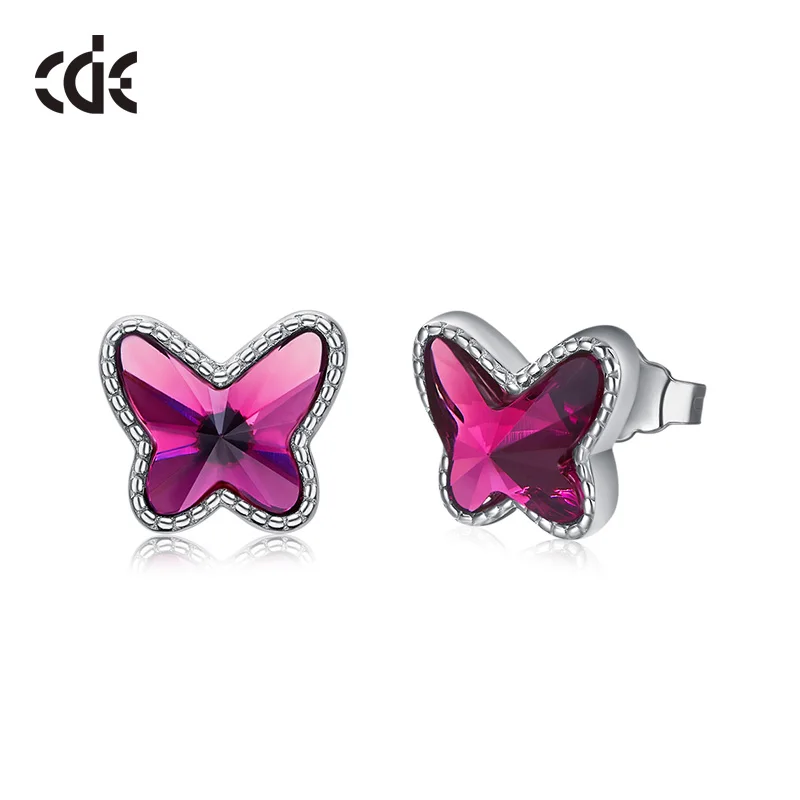 Rose Red CDE милые 925 пробы серебряные серьги-гвоздики с бабочкой, украшенные кристаллами Swarovski, женские серьги, хорошее ювелирное изделие, подарки - Цвет камня: Rose Red