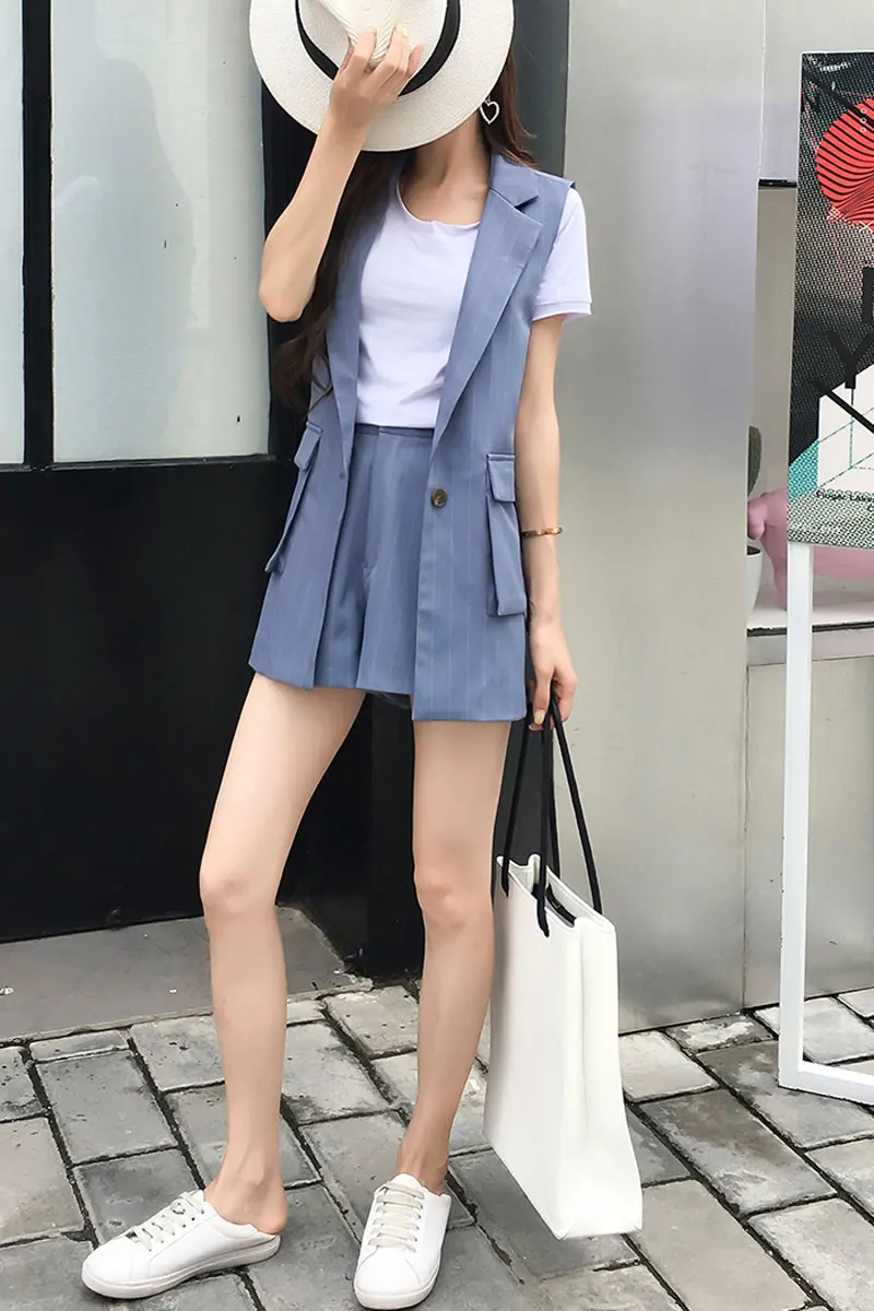 

short Pant vest Suits Women Casual Office Business Suits Uniform Styles striped Pant Suits Formal Work Wear Sets