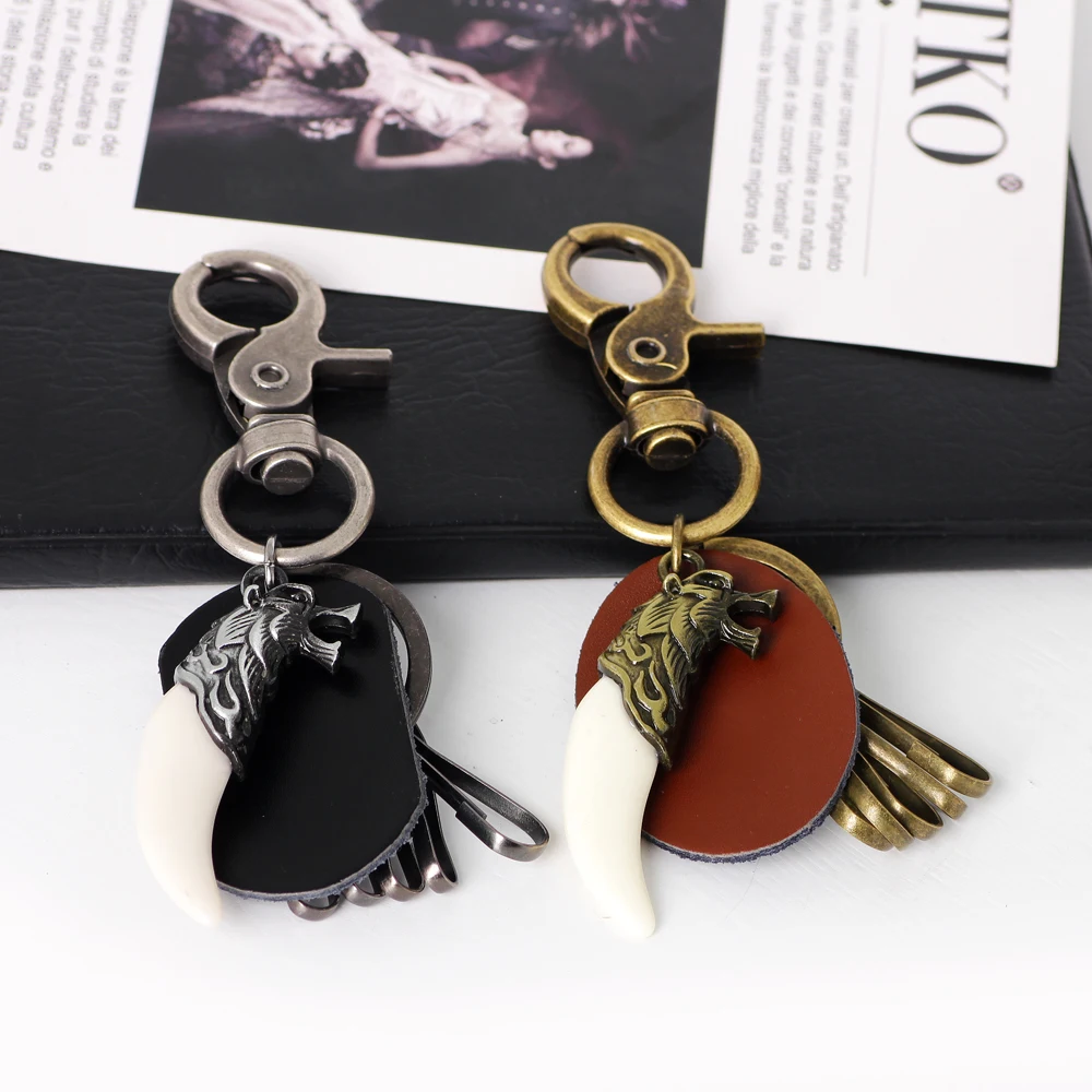 

UBEAUTY Men Leather Key Chain Metal Wolf Car Key Ring Tool Key Holder Resin Tooth Charms Pendant Keychain For Men Jewelry