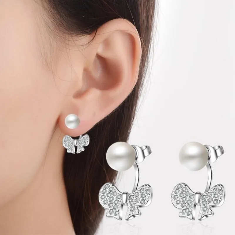 

New Fashion Korean Style Female 925 Sterling Silver Jewelry Sweet Bowknot Crystal Pearl Gift Dangle Earrings SE374