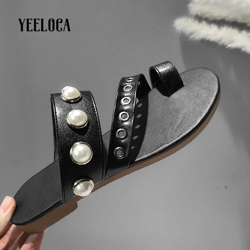 

YEELOCA 2019 summer slippers shoes woman outdoor flat with slides outside open toe string bead black ladies slippers