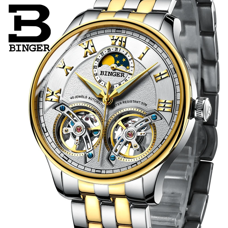 BINGER colouring Gold Hollow Automatic Mechanical Watches Men Luxury Brand Steel Strap Casual Skeleton Watch Luminous Clock 2017| |