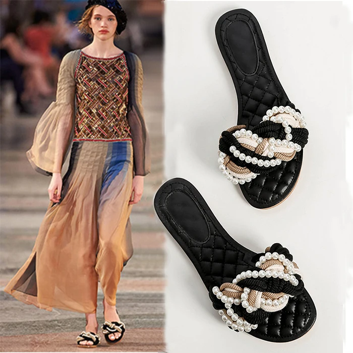 Женские шлепанцы с жемчугом Koovan летние пляжные плетеные сандалии на плоской