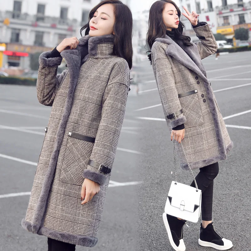 Для женщин зимние клетчатые пальто отложной воротник тонкий полным ходом