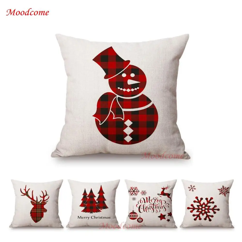 New Scottish Plaids Tartans Christmas Pattern Deer Head Snow flake Snowman Xmas Decoration Pillow Case Linen Red Cushion Cover