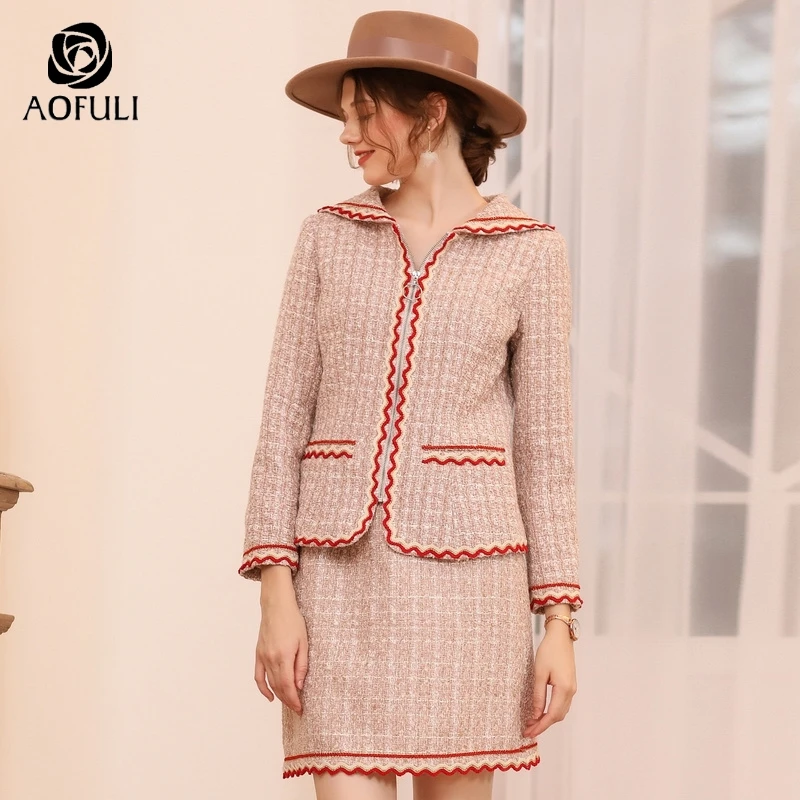 Женский шерстяной костюм AOFULI из двух предметов в английском стиле с длинным