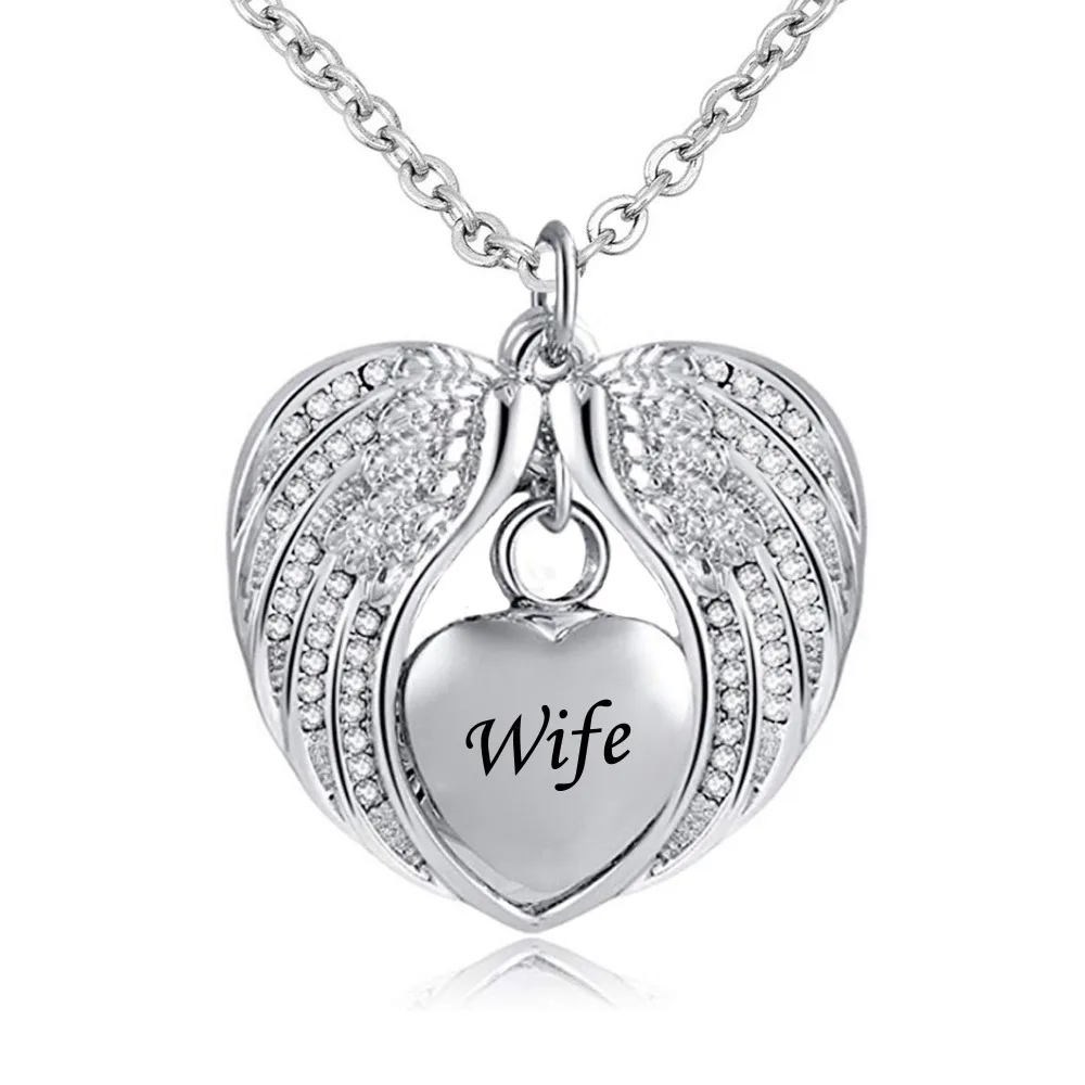 

Wife Angel Wing Urn Necklace for Ashes Cremation Memorial Stainless Steel Heart Keepsake Birthstone Crystal Pendant Necklace