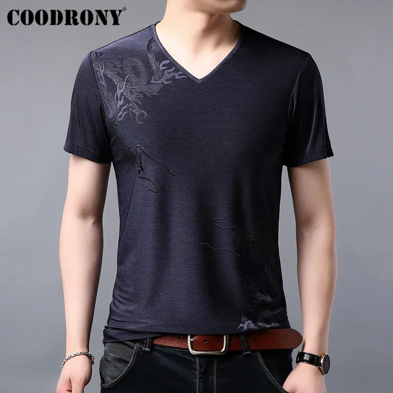 COODRONY Футболка мужская летняя крутая футболка с коротким рукавом Homme уличная модная дизайнерская Повседневная футболка с v-образным вырезом для мужчин S95070 - Цвет: Синий
