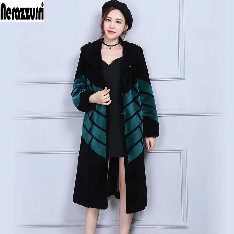 Black and blue Nerazzurri зимний настоящий овечий мех, шуба для женщин, длинное пальто из овечьей шерсти, роскошная Брендовая женская Настоящая меховая шуба, 4xl распродажа шуба из натурального меха мутона шуба ягненок теплые вещи - Цвет: Black and blue