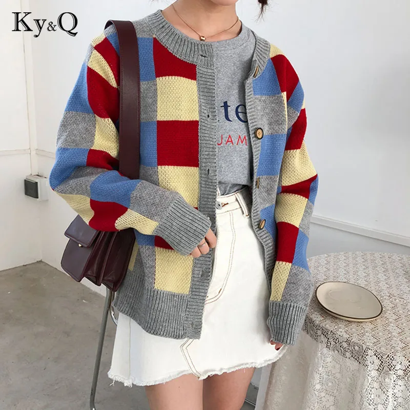 2018 Winter Colorful patchwork plaid sweaters womens sweet cardigans Long Sleeve Female Girl outwear coats Knitted Clothing |