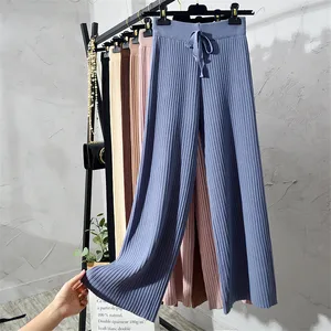 Брюки женские трикотажные с широкими штанинами, модные повседневные свободные штаны с эластичным завышенным поясом, в Корейском стиле, S1267, Осень-зима