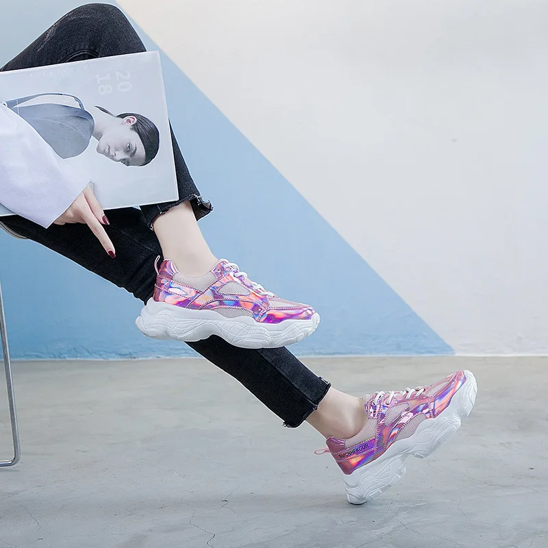 Повседневная обувь; женские кроссовки на массивной платформе; chaussures femme; сезон весна; Новинка; zapatos de mujer; цвет розовый; Женская обувь в стиле пэчворк; Цвет Серебристый
