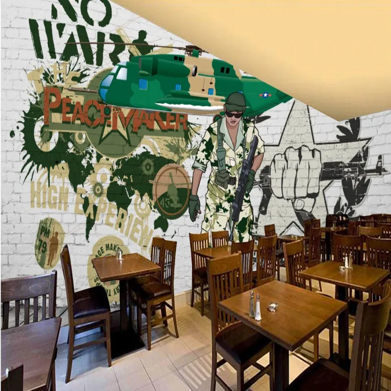 Фото обои военный вертолет камуфляж кирпичная стена Фреска интернет кафе бар