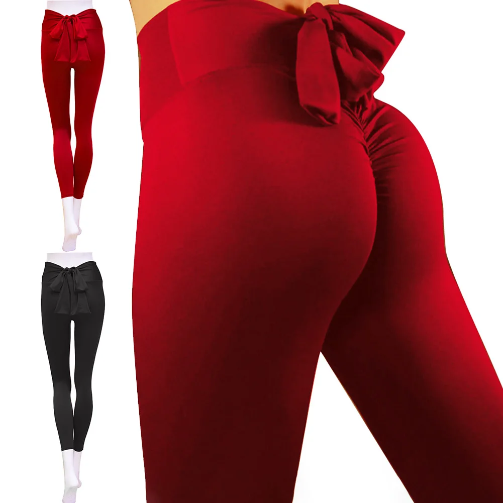 Для женщин фитнес твердые спортивные штаны бантом бег Тонкий Йога Леггинсы для |