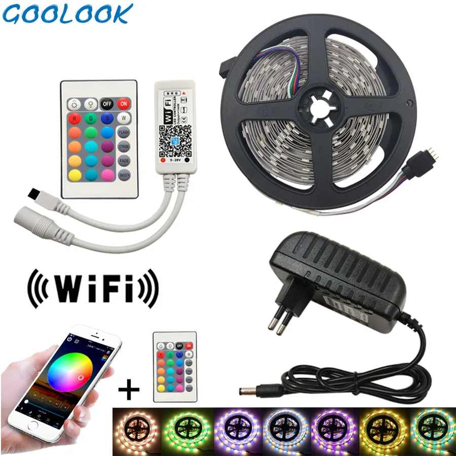

RGB led strip light Flexible DC 12V SMD 5050 RGBW RGB Led Strip 5m 10m 15m Tape Diode + WiFi Music Controller Adapter Stripe Set