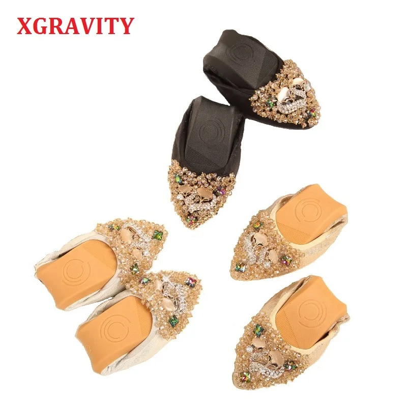 

XGRAVITY Hot Crystal Flats Ballet Fox Designer Shoes Rhinestone Women Designed Girl Flower Pointed Toe Silver Shoes Loafers C005