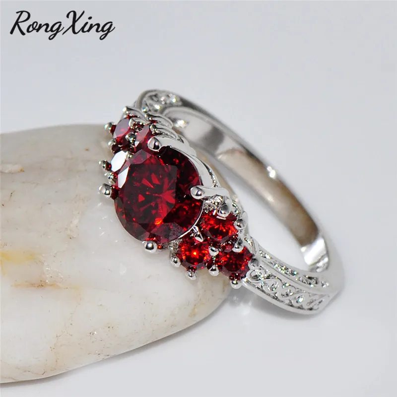 RongXing Классический круглый Красный Кристалл Циркон Обручальные кольца для женщин 925 серебро камень по дню рождения кольцо женские свадебные украшения