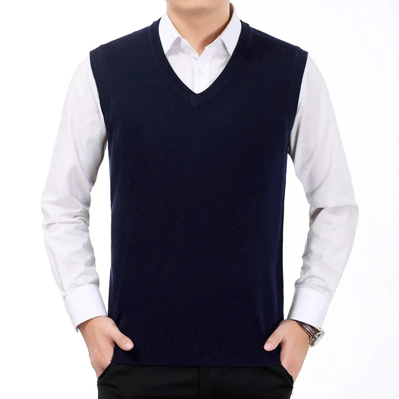 Spring Autumn Men Kintted Vest Woollen Blends Waist Coat Man Casual V-neck Vests Male Sleeveless Weskit Plain Textured Gilet | Мужская
