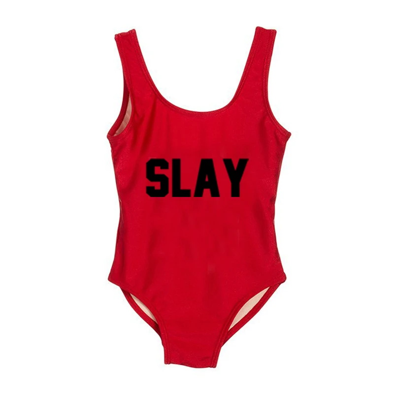 RDBK Купальный костюм с надписью SLAY, цельный купальный костюм, детский купальный костюм, купальник для девочки, детская пляжная одежда, черный, красный, розовый - Цвет: RDBK