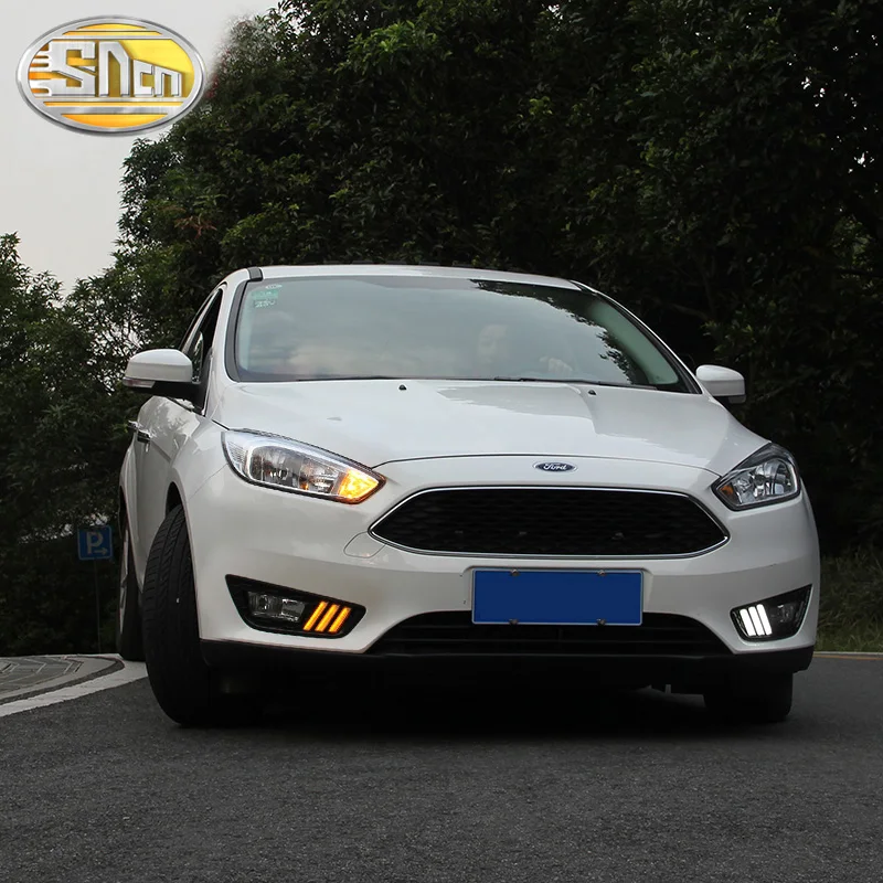 Для Ford Focus 3 mk3 светодиодный DRL Дневной ходовой светильник желтый указатель поворота с отверстием противотуманной фары