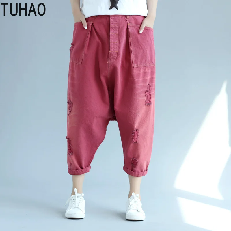 

Женские джинсы-шаровары TUHAO, рваные джинсы до середины икры с широкими штанинами, весна-лето 2019