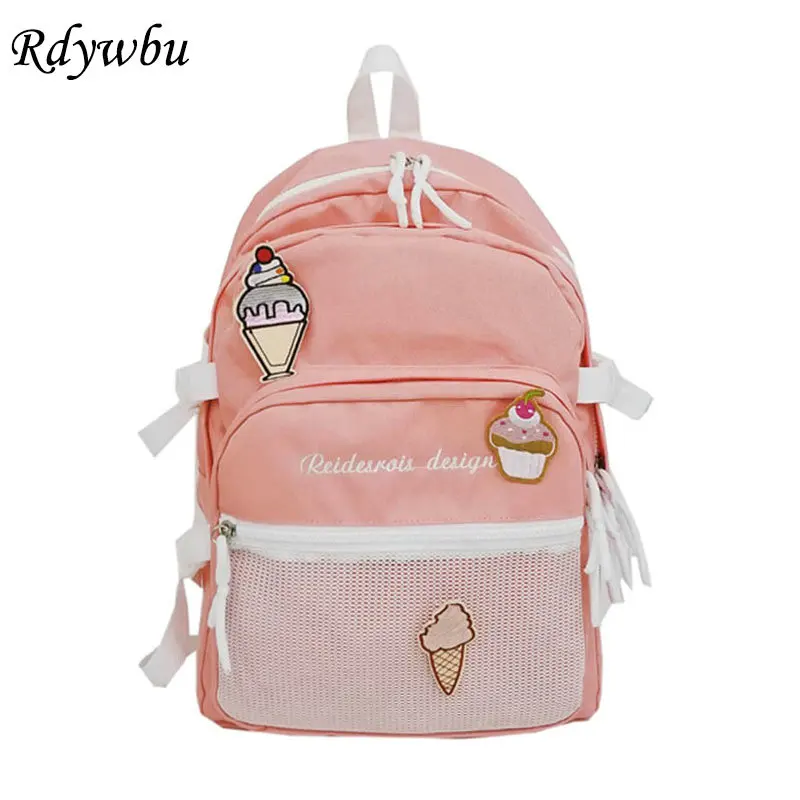 

Rdywbu Letters Embroidery Backpack Girls Multilayer Big Capacity School Book Bag Ice Cream Applique Mesh Trave Bag Mochila B599