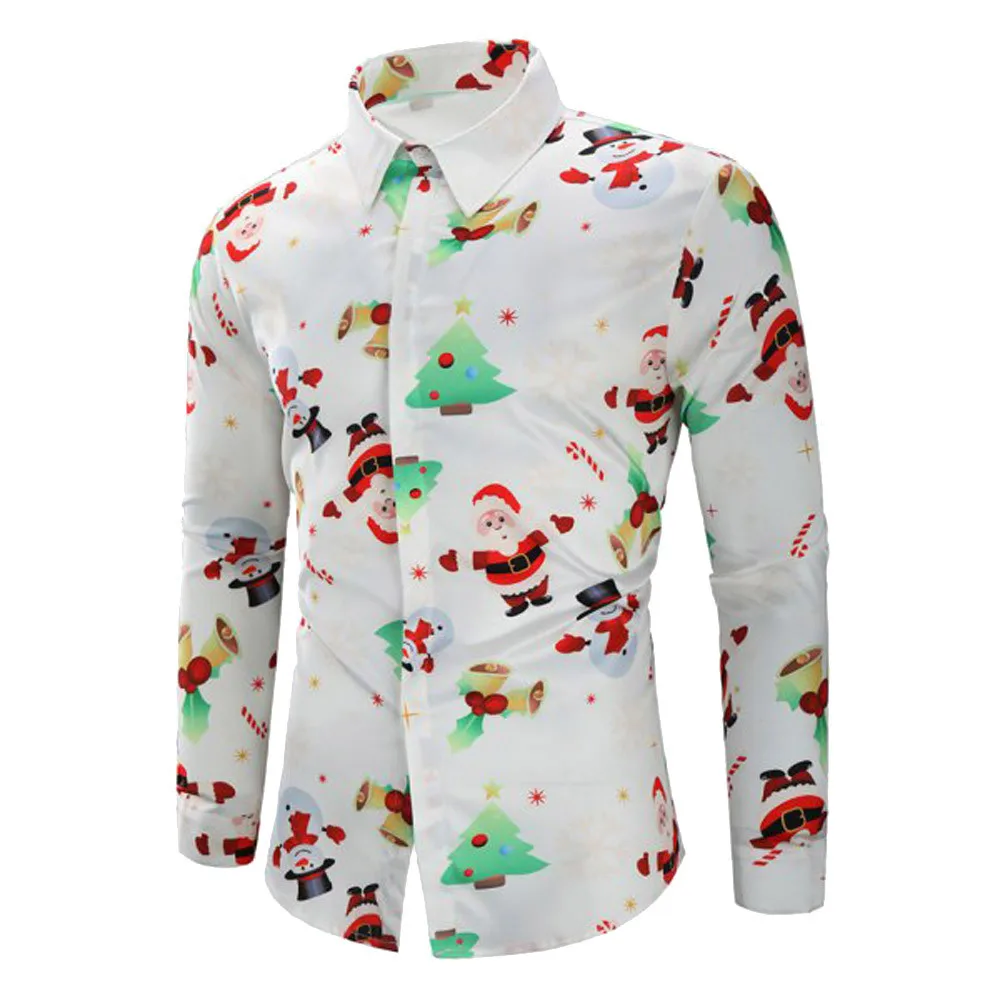 2018 Christmas Shirts Men Long Sleeve Turn-down Shirt Casual Slim Fit Print | Мужская одежда