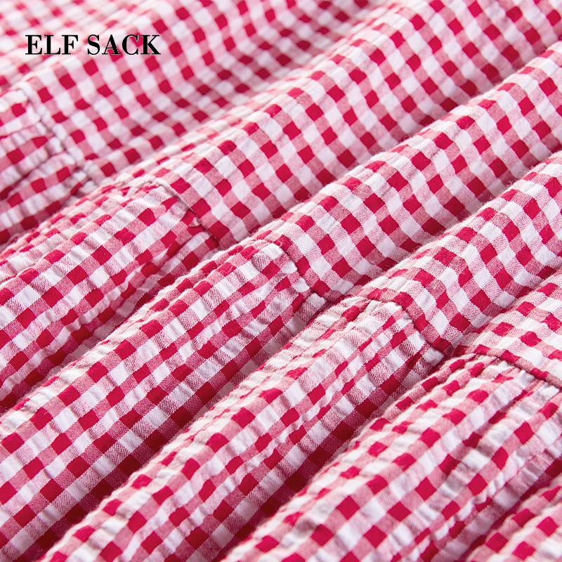 Женское клетчатое платье ELFSACK красное с О образным вырезом и рукавами фонариками