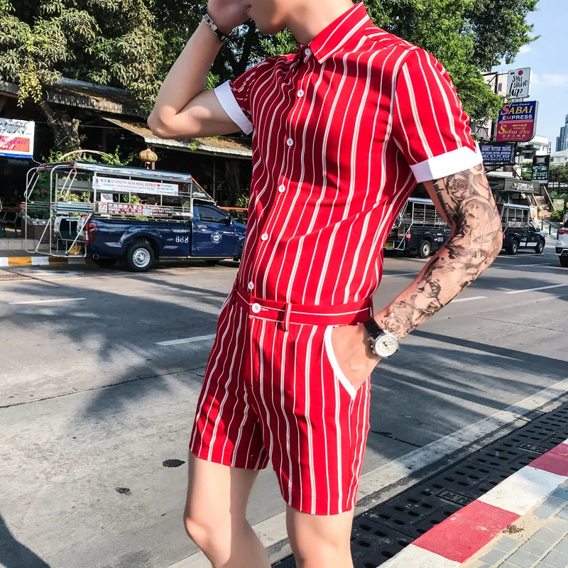 Мужские комплекты рубашек и шорт полосатые шорты Moletom Masculino красная мода Masculina
