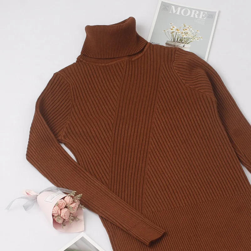 coffee 11789 ONLYSVTER, Осень-зима, женское платье-свитер с высоким воротом, модные платья в рубчик, длиной до колена, длинное, толстое, теплое женское платье - Цвет: coffee 11789